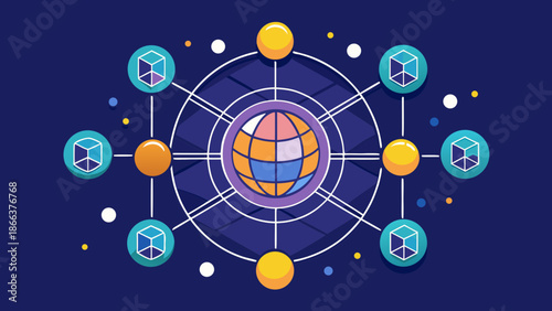 A central globe icon connected to multiple nodes, representing a decentralized finance network