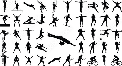 Large collection of black sports silhouettes, athletes playing tennis, cycling, running, and swimming, active people icons isolated on white background, vector set.