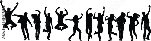 Large collection of happy people silhouettes jumping, dancing, and celebrating, set of energetic men and women icons for party, success, and freedom, vector illustration