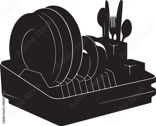 Dishes in a drying rack with utensils