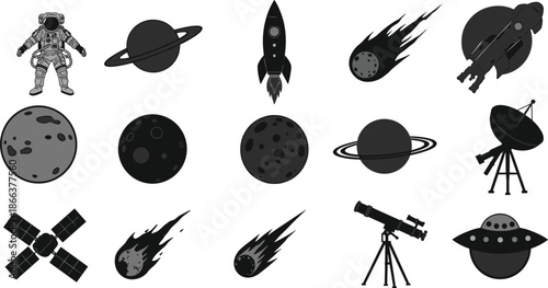 Space, silhouette, icons, astronaut, planet, rocket, meteor, shuttle, moon, satellite, telescope, UFO, crater, orbit, galaxy, black, science, exploration, astronomy, theme