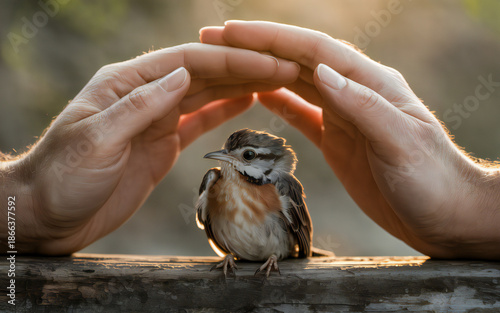 Hands protecting bird on branch