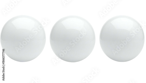 Three white spheres in a row, each with highlights and reflections, against a black background