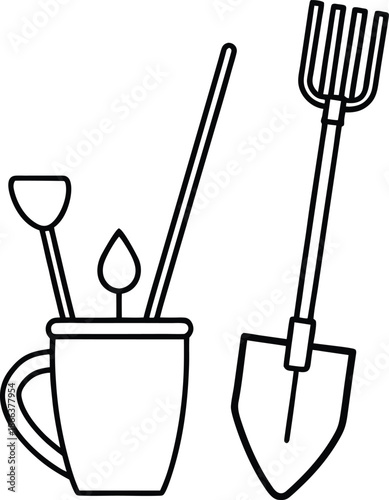 Gardening tools bundle with shovel rake hoe line art illustration