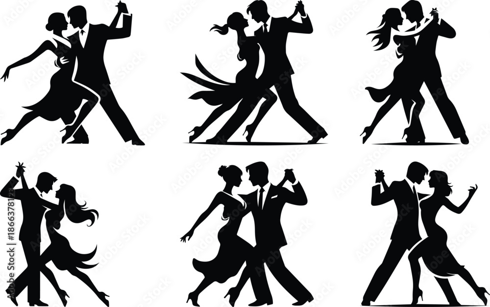 Obraz premium Tango couple dancing bundle silhouette icon vector art illustration