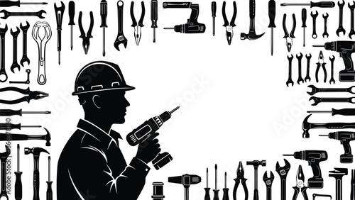 Engineer silhouette holding power drill, surrounded by hand tools frame, construction maintenance workshop concept, black vector illustration isolated background design
