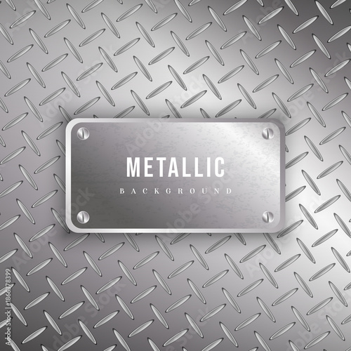 Industrial Chrome Diamond Plate Background with Metal Sign, plate is centered and secured with four screws, displaying the text 