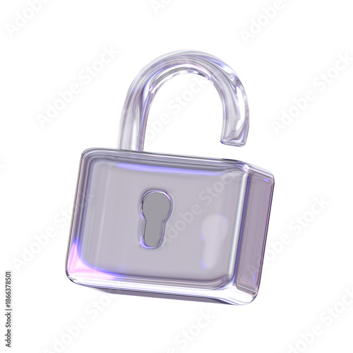 3d Rendering Purple Padlock Element with glossy, reflective surface. Dispersed glass. Holographic object in Y2K style. Decorative element for social media