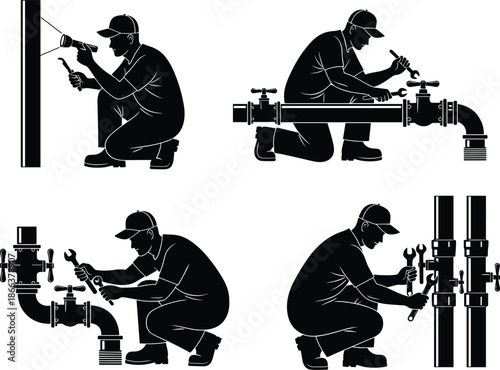 Plumber worker silhouettes repairing pipes and valves, professional plumbing maintenance service industry concept, black vector illustration isolated background