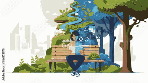 Woman sitting on a park bench enjoying nature and virtual reality.