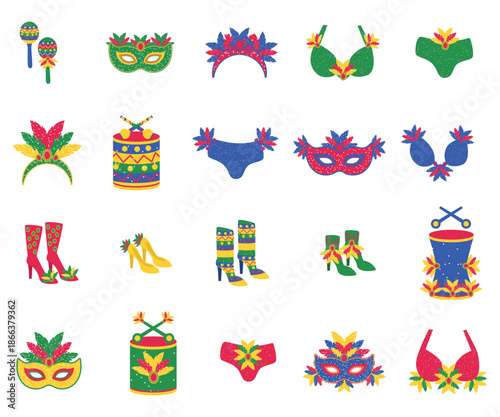 Large Brazilian Carnival elements set with masks feathers costumes drums maracas and festival accessories illustration
