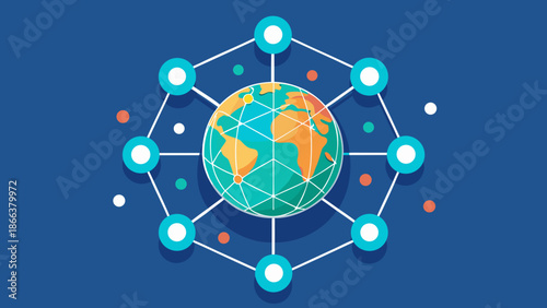 A central globe icon connected to multiple nodes, representing a decentralized finance network