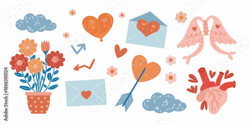 A collection of hand drawn love symbols including hearts flowers and letters