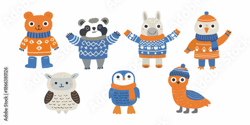 Cute winter animals wearing colorful sweaters and hats a charming collection