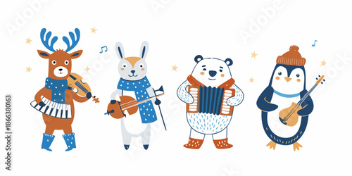 Festive animal musicians playing instruments in a cheerful winter scene