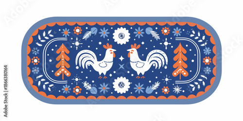 Decorative oval design featuring two roosters and floral folk art motifs