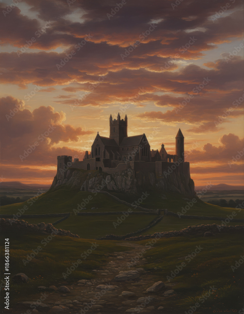 Obraz premium Dramatic sunset over a majestic medieval fortress set atop a grassy hill landscape scene