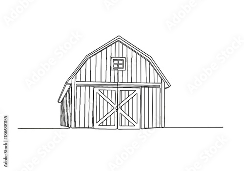 Simple line drawing of a rustic barn with double doors  
