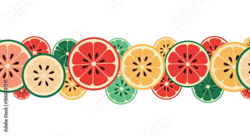 Vibrant seamless horizontal border of colorful citrus fruit slices, including orange, grapefruit, and lime on a white background.