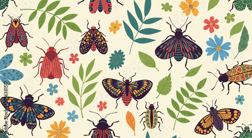 Colorful seamless pattern with a variety of beautifully detailed insects, including moths and beetles, among flowers and leaves.