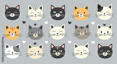 Colorful collection of various cute cartoon cat faces with winking and smiling expressions, surrounded by small white hearts.