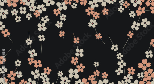 Elegant and beautiful seamless floral pattern of cascading cherry blossoms in pink and white on a solid, dark black background.