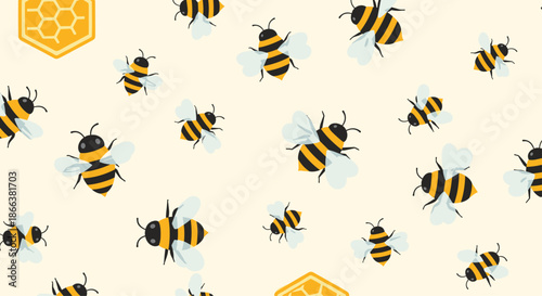 Seamless repeating pattern of cute cartoon bumblebees and honeycomb shapes flying against a light cream-colored background for a sweet design.