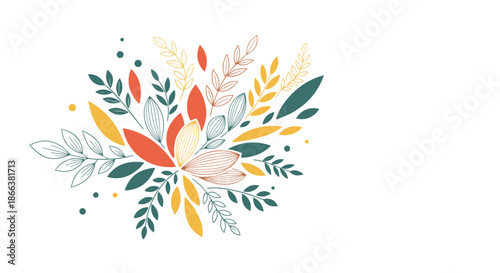 Abstract botanical illustration of a colorful bouquet with stylized leaves in autumn tones of teal, orange, and yellow on a plain white background.