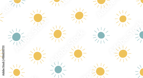 Cute and simple seamless pattern of hand-drawn suns in yellow and muted blue, creating a cheerful and minimalist sunny day background.