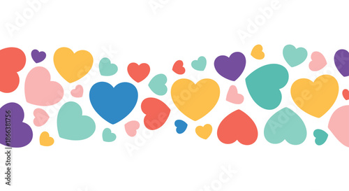 Playful and colorful horizontal border composed of a flowing wave of overlapping hearts in various sizes and bright, cheerful colors.