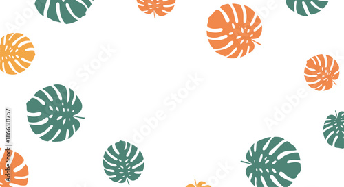 Minimalist background with scattered orange and green monstera leaves, leaving ample copy space in the center for text or other elements.