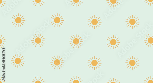 Simple seamless pattern of minimalist orange suns with radiating lines on a soft, pale green background, creating a calm and sunny design.