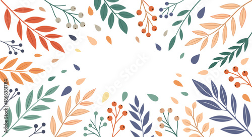 Autumnal frame background with branches, berries, and falling leaves in warm, earthy tones of orange, red, and teal with central copy space.
