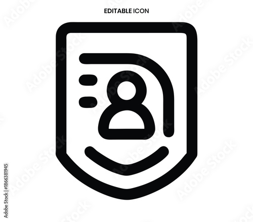 A simple black and white line icon depicting a shield with a person inside it