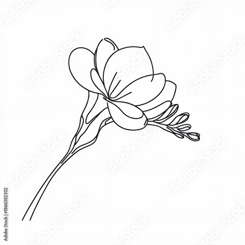 Single line drawing of a freesia flower with leaves  