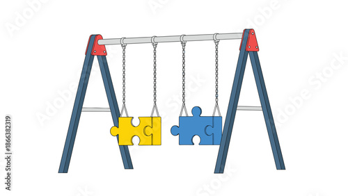 A colorful illustration of a swing set with puzzle piece swings for kids
