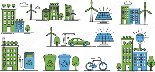 Eco-friendly city infrastructure elements promoting sustainability in a natural urban environment with green buildings and renewable energy sources