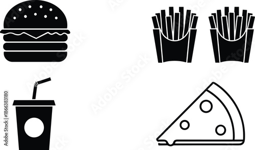 Fast food silhouette icon set with burger fries pizza and soft drink isolated on white background vector illustration