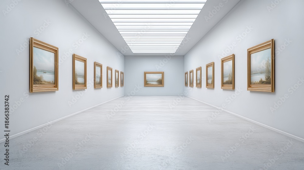 Fototapeta premium Elegant Interior of Modern Art Gallery Featuring Framed Landscape Paintings on White Walls with Bright Natural Lighting and Minimalist Design