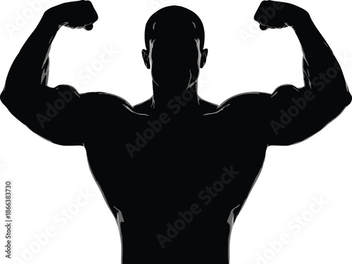 Muscular male bodybuilder silhouette flexing arms showing strength power fitness and bodybuilding concept isolated on white background vector illustration