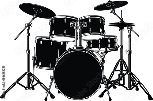 Drum set silhouette with cymbals bass snare and toms isolated on white background musical instrument vector illustration