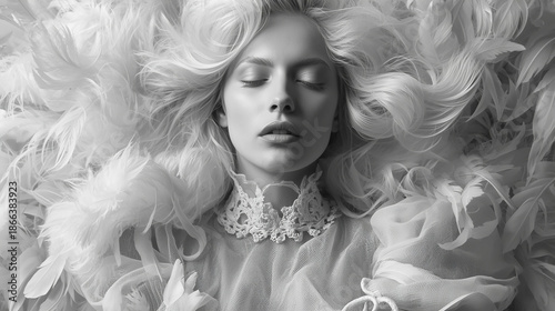 Create a high-fashion black and white portrait photograph featuring a close-up of a person with their eyes closed in a serene, dreamlike pose. Surround the subject with voluminous, wispy white feather