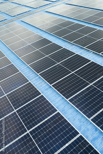 Verticle view of solar panels on a rooftop