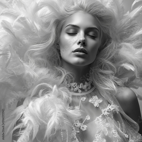 Create a high-fashion black and white portrait photograph featuring a close-up of a person with their eyes closed in a serene, dreamlike pose. Surround the subject with voluminous, wispy white feather