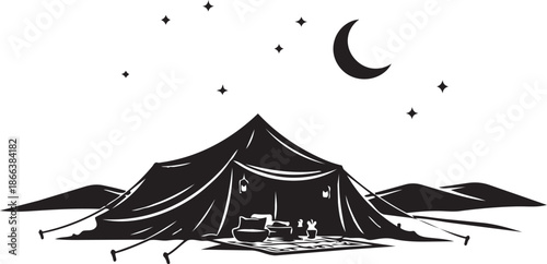 Traditional Bedouin Tent in the Desert Under Crescent Moon and Stars Silhouette