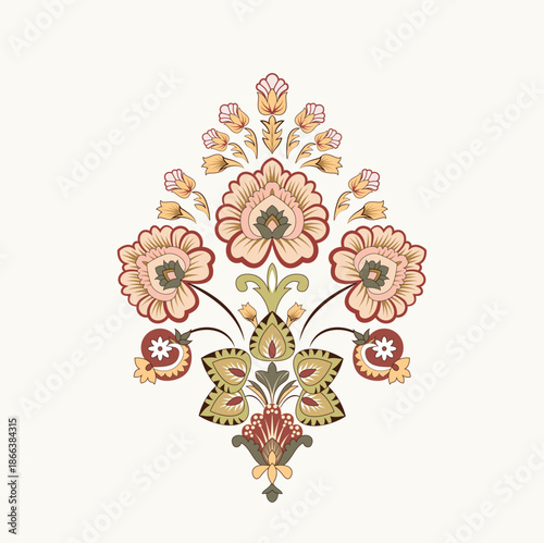 A dramatic, retro-inspired pattern featuring large blooming florals with delicate detailing and contrasting light accents. The design uses structured vertical elements and flowing tendrils to create a