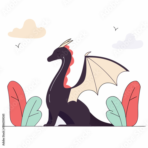 A cute cartoon dragon with wings and stylized leaves