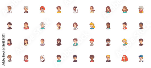 People icon set. Vector illustration of diverse characters including businessman, boy, girl, arab, african, grandmother, grandfather and more. Simple line art collection.