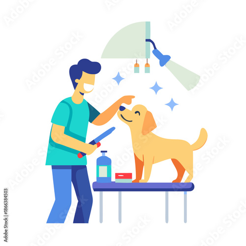 A groomer giving a happy dog a haircut and teeth brushing