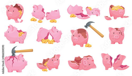 Broken piggy bank. Hammer break pig moneybox smash, open piglet bank money savings piggybank coins economy cash safe business debt finance, cartoon set neat vector illustration